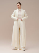 Wool long coat with open front design and back belt for elegant structured layering